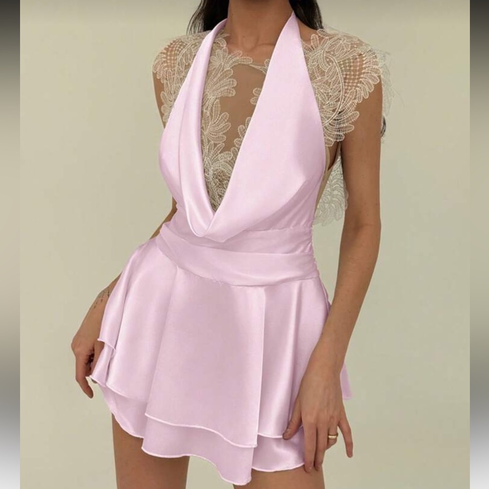 Light Pink Satin Halter Mini Dress with Lace Cap Sleeves